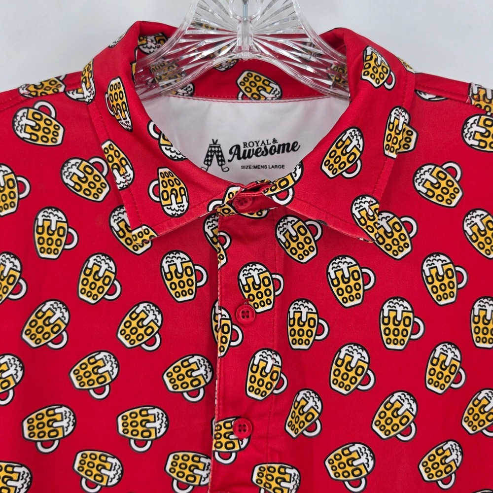 Royal & Awesome Mens Large Red Beer Mug Print Golf Polo Shirt Short Sleeve L AOP